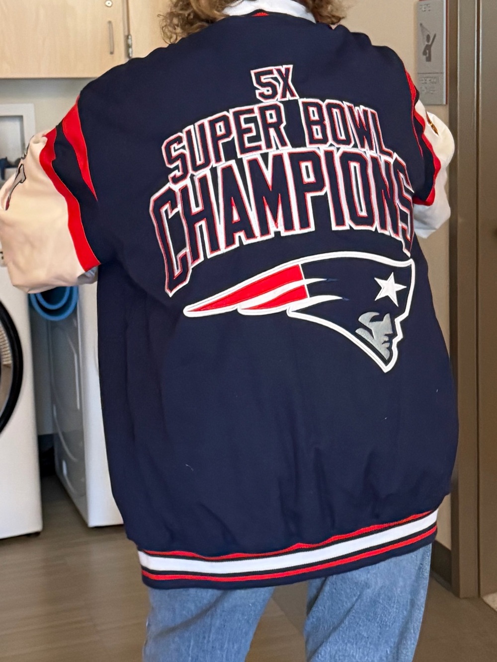 NFL Navy, Red and White Patriots 5X Super Bowl Champions Bomber Jacket